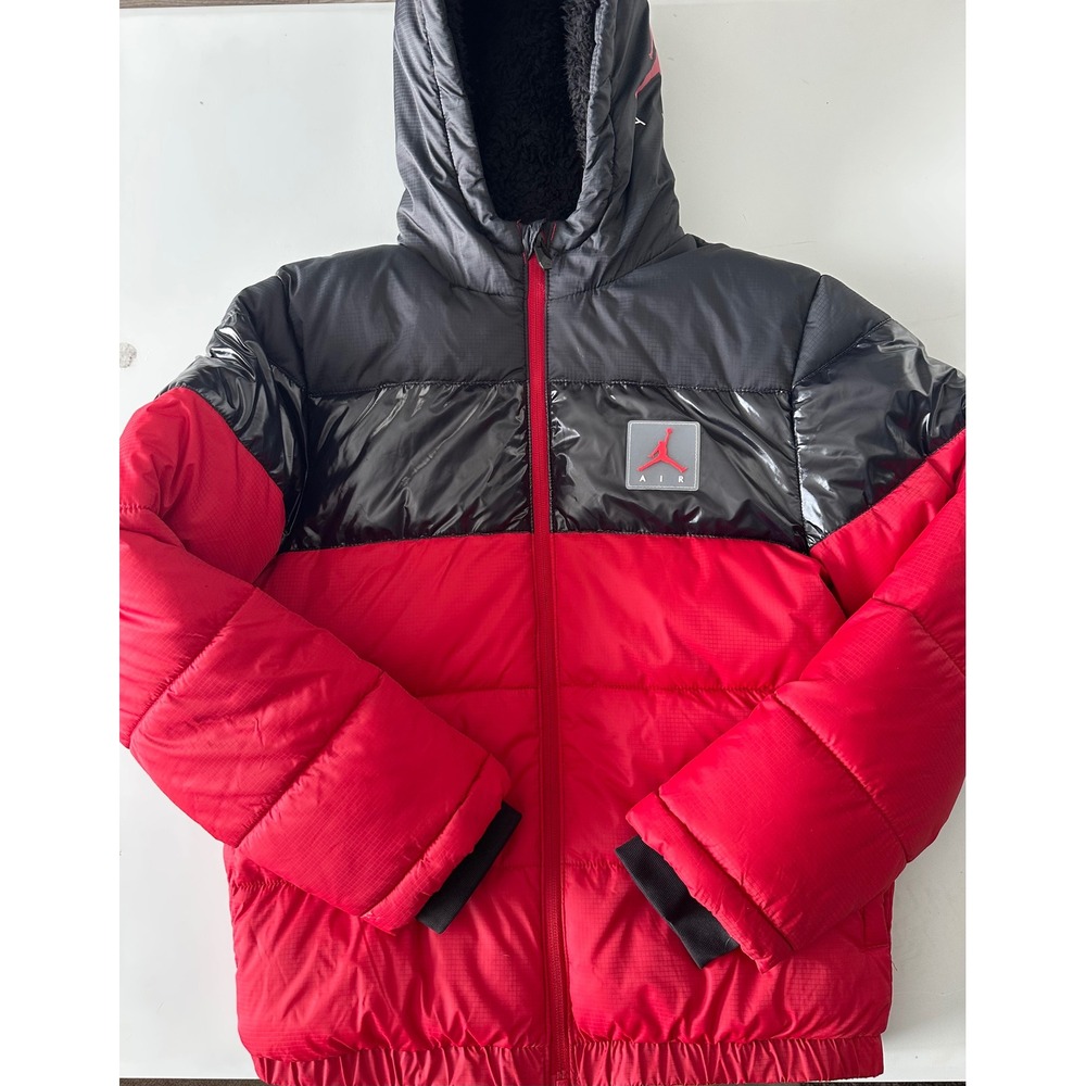 Jordan Air Kids Red Black Colorblock Puffer Jacket Hooded Coat 7954-R78 Large